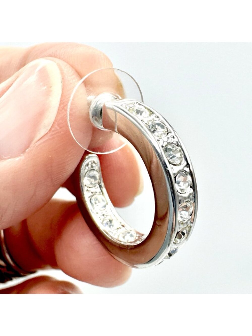 Channel Set Crystal Hoop Earrings Pierced Silver Tone Rhinestone Rhodium Plated - Picture 3 of 9